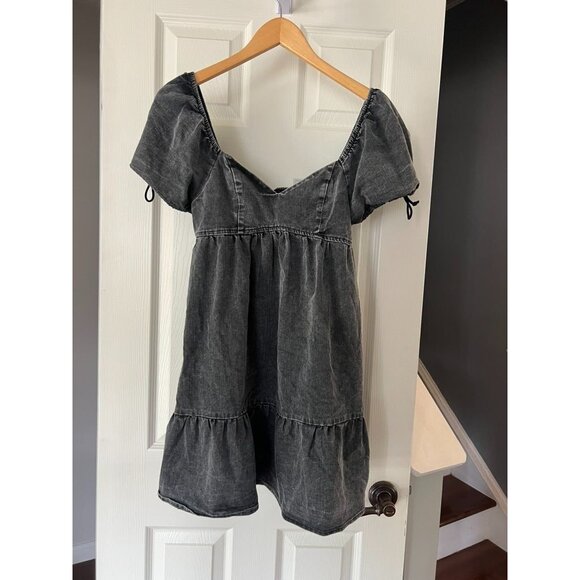 Shein Black Washed Puff Sleeve Mini Dress Square Neck Cottagecore Y2K XS - Picture 1 of 5